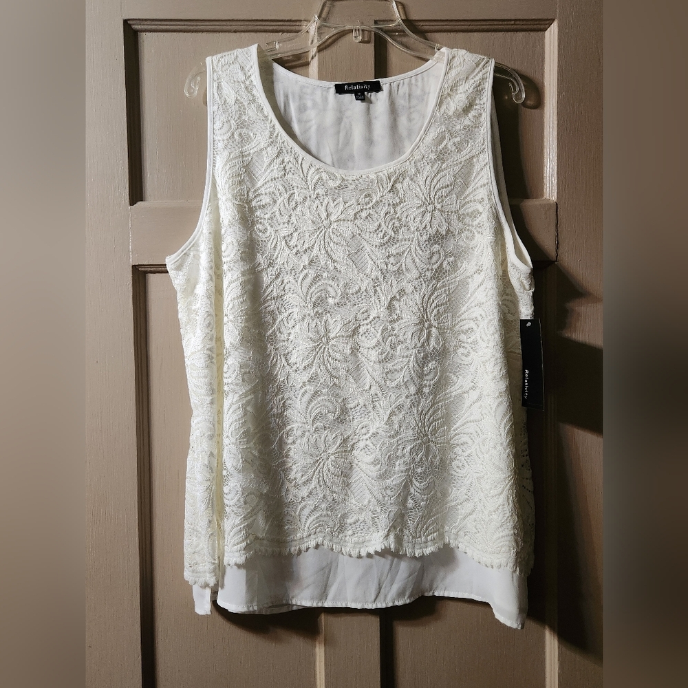 NWT Relativity Nomadic Beauty Lace Layered Tank Top Size XL Ivory Pearl